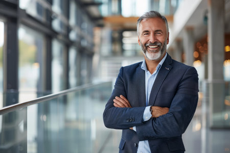 Portrait of a smiling mature businessman standing with arms crossed in officeの素材