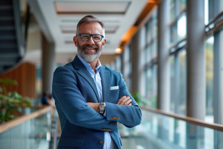Portrait of a smiling senior businessman standing with arms crossed in officeの素材
