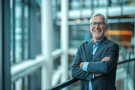 Portrait of happy senior businessman standing with arms crossed in office buildingの素材