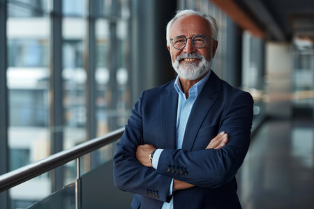 Portrait of a smiling senior businessman standing with arms crossed in officeの素材