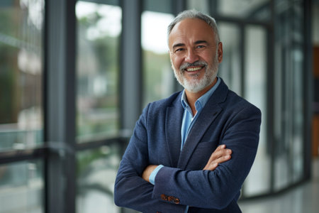 Portrait of a smiling senior businessman standing with arms crossed in officeの素材