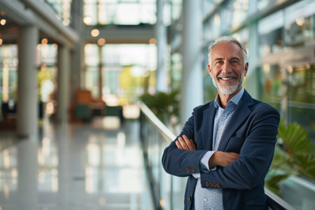 Portrait of a smiling senior businessman standing with arms crossed in officeの素材