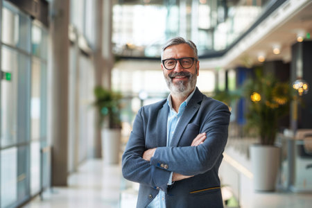 Portrait of mature businessman with arms crossed standing in office lobby.の素材