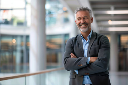 Portrait of a happy senior businessman standing with arms crossed in officeの素材