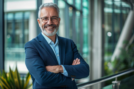 Portrait of confident mature businessman standing with arms crossed in office. Successful mature businessman in formalwear looking at camera and smiling. Business conceptの素材