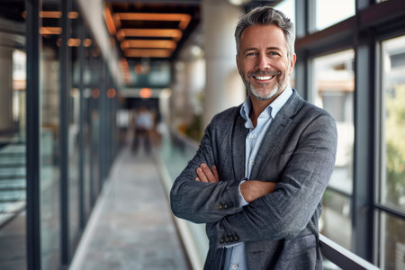 Portrait of smiling mature businessman standing with arms crossed in office.の素材