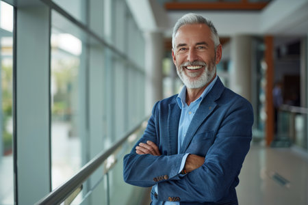 Portrait of a smiling senior businessman standing with arms crossed in officeの素材