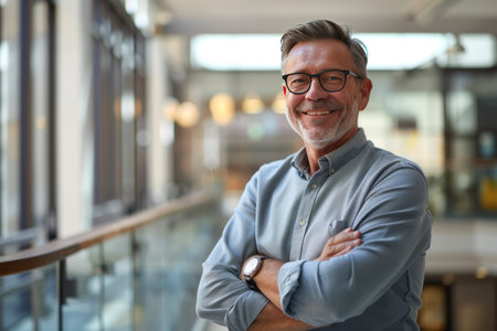 Portrait of smiling mature businessman standing with arms crossed in office lobbyの素材