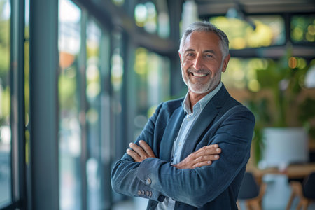 Portrait of confident mature businessman standing with arms crossed and looking at camera in officeの素材