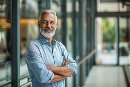 Portrait of a smiling senior businessman standing with arms crossed in officeの素材