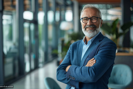 Portrait of mature businessman with arms crossed looking at camera in officeの素材