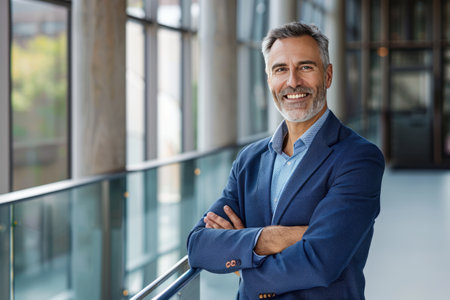 Portrait of smiling mature businessman with arms crossed standing in office lobbyの素材