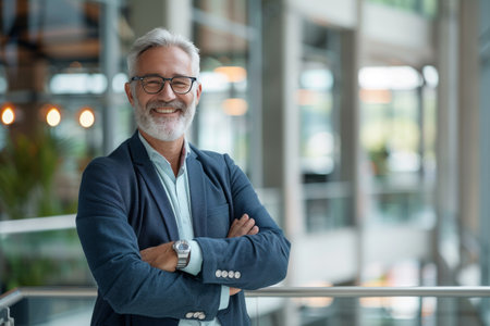 Portrait of smiling senior businessman standing with arms crossed in office lobbyの素材