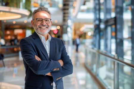 Portrait of handsome senior businessman with arms crossed in shopping mall.の素材