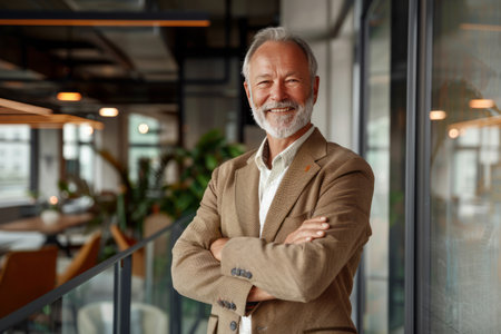 Portrait of a smiling senior businessman standing with arms crossed in officeの素材
