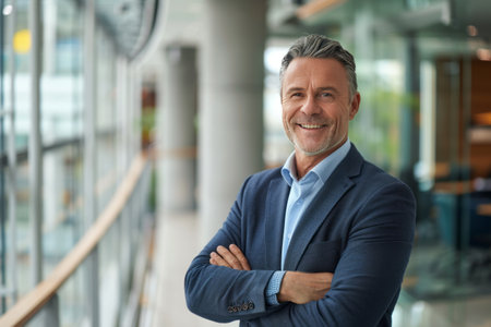 Portrait of a smiling mature businessman standing with arms crossed in officeの素材