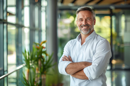 Portrait of a smiling mature businessman standing with arms crossed in officeの素材