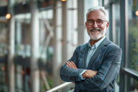 Portrait of a smiling senior businessman standing with arms crossed in officeの素材