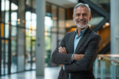 Portrait of confident mature businessman with arms crossed standing in office lobbyの素材
