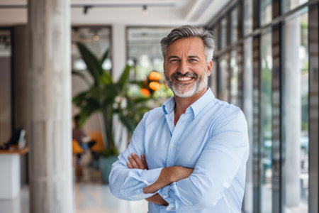 Portrait of mature businessman standing with arms crossed in office. Mature man looking at camera and smiling. Business conceptの素材