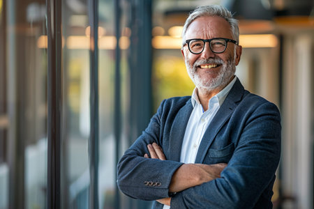 Portrait of happy senior businessman standing with arms crossed and looking at cameraの素材