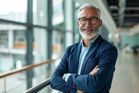 Portrait of smiling senior businessman with arms crossed standing in office lobbyの素材