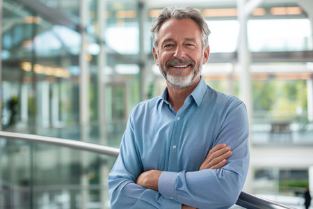 Portrait of smiling mature businessman standing with arms crossed in office corridorの素材
