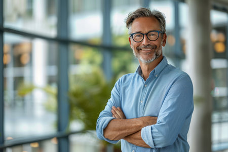 Portrait of handsome mature businessman with arms crossed standing in office.の素材