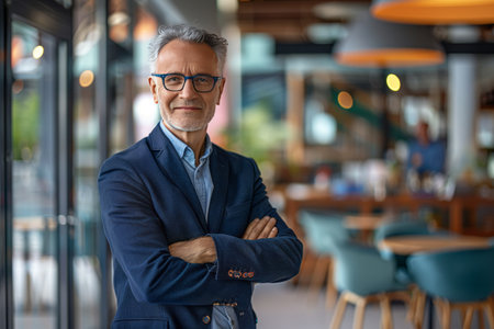 Portrait of senior businessman with arms crossed standing in cafe and looking at cameraの素材
