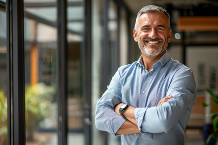 Portrait of mature businessman standing with arms crossed in office. Mature businessman looking at camera and smiling.の素材