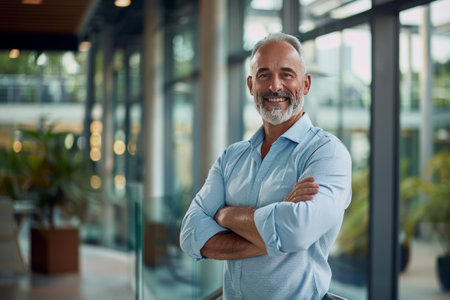 Portrait of smiling senior businessman standing with arms crossed in office and looking at cameraの素材