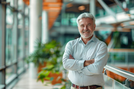 Portrait of a smiling senior businessman standing with arms crossed in officeの素材