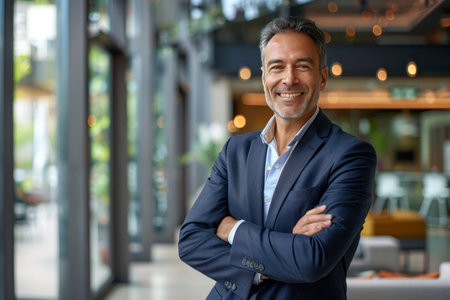 Portrait of smiling mature businessman with arms crossed standing in office lobbyの素材