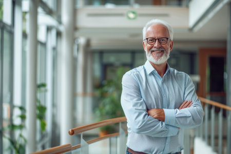 Portrait of a happy senior businessman standing with arms crossed in officeの素材