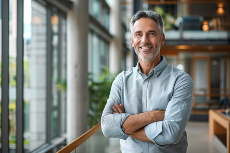 Portrait of smiling mature businessman standing with arms crossed in office lobbyの素材