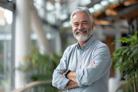 Portrait of happy senior businessman standing with arms crossed in office. Mature businessman looking at camera and smiling. Business success conceptの素材
