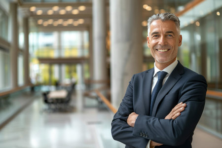 Portrait of smiling mature businessman with arms crossed standing in office lobbyの素材