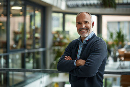 Portrait of smiling mature businessman standing with arms crossed in modern officeの素材