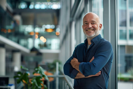 Portrait of smiling mature businessman standing with arms crossed in office lobbyの素材