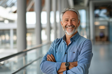 Portrait of a smiling senior businessman standing with arms crossed in officeの素材
