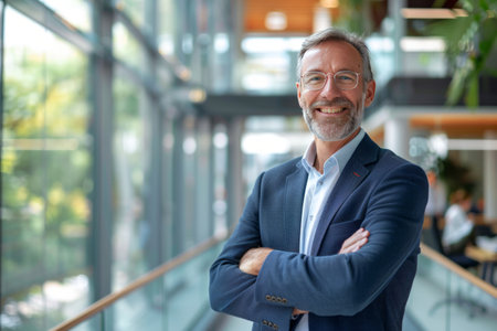 Portrait of a smiling senior businessman standing with arms crossed in officeの素材