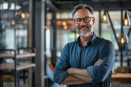 Portrait of smiling mature businessman with arms crossed standing in coffee shopの素材