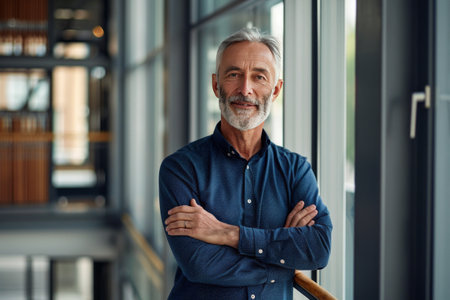 Portrait of confident mature businessman standing with arms crossed and looking at camera in officeの素材