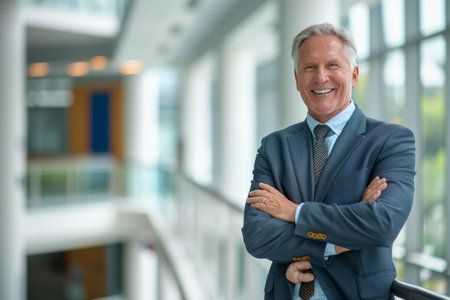 Portrait of a smiling senior businessman standing with arms crossed in officeの素材