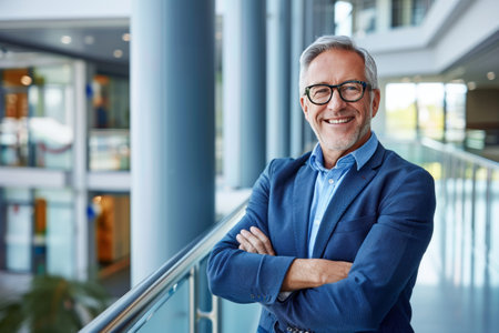 Portrait of smiling mature businessman standing with arms crossed in office lobbyの素材