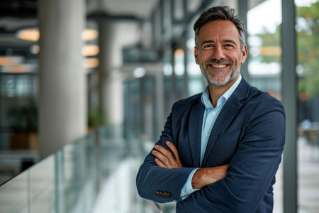 Portrait of mature businessman standing with arms crossed in office lobby.の素材