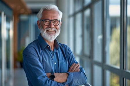 Portrait of a smiling senior businessman standing with arms crossed in officeの素材