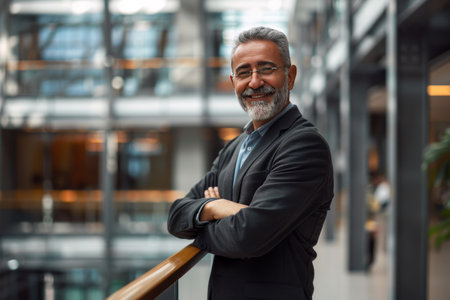 Portrait of a happy senior businessman standing with arms crossed in officeの素材