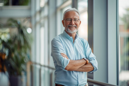 Portrait of smiling senior businessman standing with arms crossed and looking at camera in officeの素材