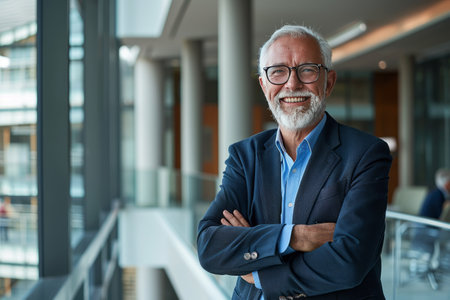 Portrait of happy senior businessman standing with arms crossed in modern officeの素材